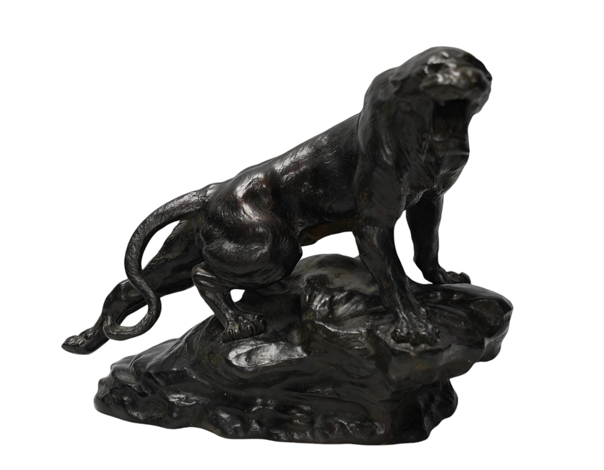 After Thomas Francois Cartier (1879-1943), bronze study of a roaring tiger, signed in the casting, 26cm wide. Condition - fair - tail has been detached and re-attached.